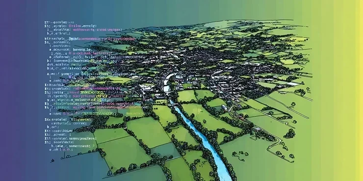 Code Superimposed over a 3/4 birds eye view of a pastoral community