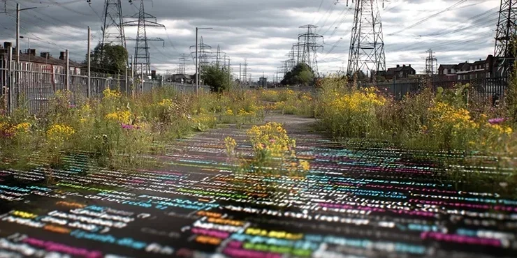 Code superimposed over a well worn path through an industrial area with power line structures.