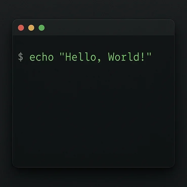 A modern looking terminal in dark mode with 'echo, "Hello, World!"' displayed on the screen