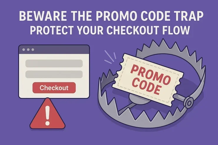 graphic showing a cartoon beartrap surrounding a 'promo code' ticket and a red alert triangle in front of a red checkout button with the text 'beware the promo code trap protect your checkout flow'