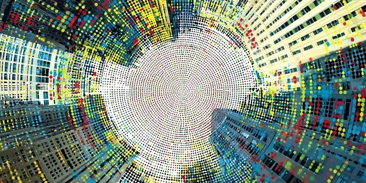 a color dot-matrix view looking up at skyscrapers