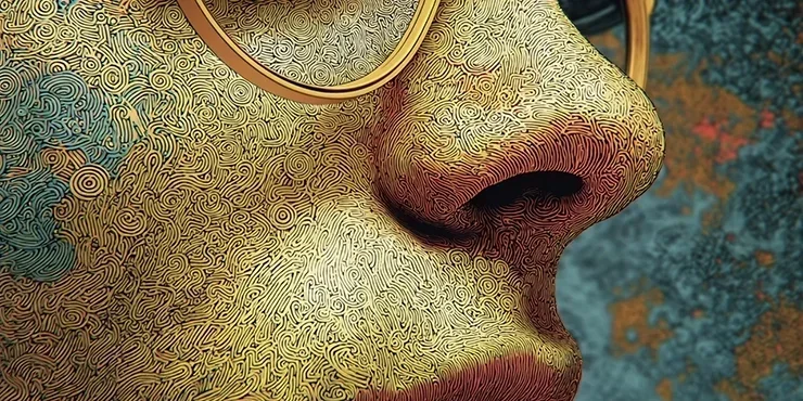 a stylized closeup of a human's nose with spiraling patterns in the skin