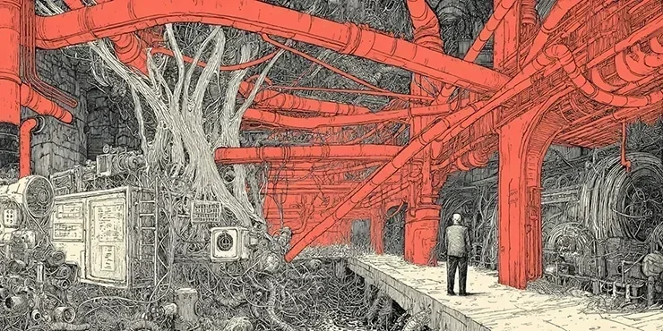 a cartoon of a man standing in a two-tone dependency hell represented by interconnected pipes and wires, some gray, some red