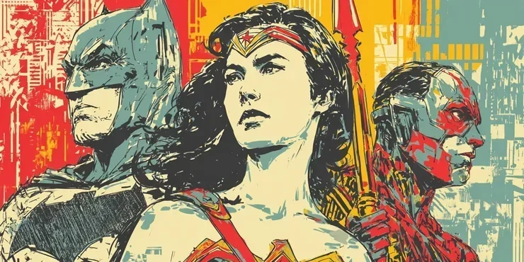 Batman, Wonder Woman and a third superhero in a highly stylized pop culture print