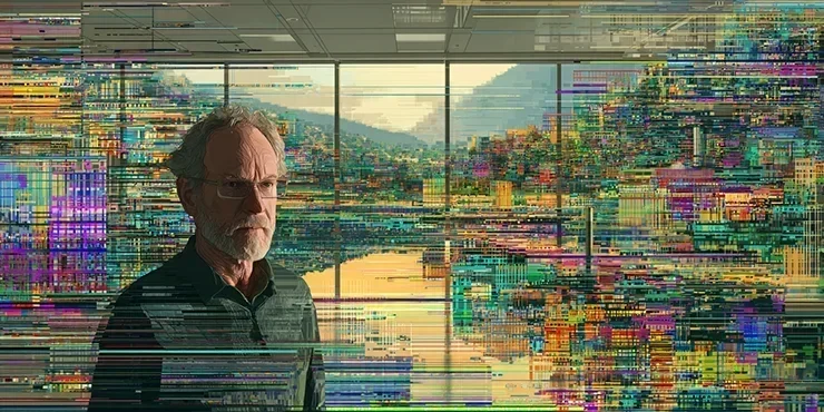 "An old white man with glasses, thinning hair, and a trim build, wearing a sweater, standing in an office amid neon colors and lines that look kind of like a broken computer monitor