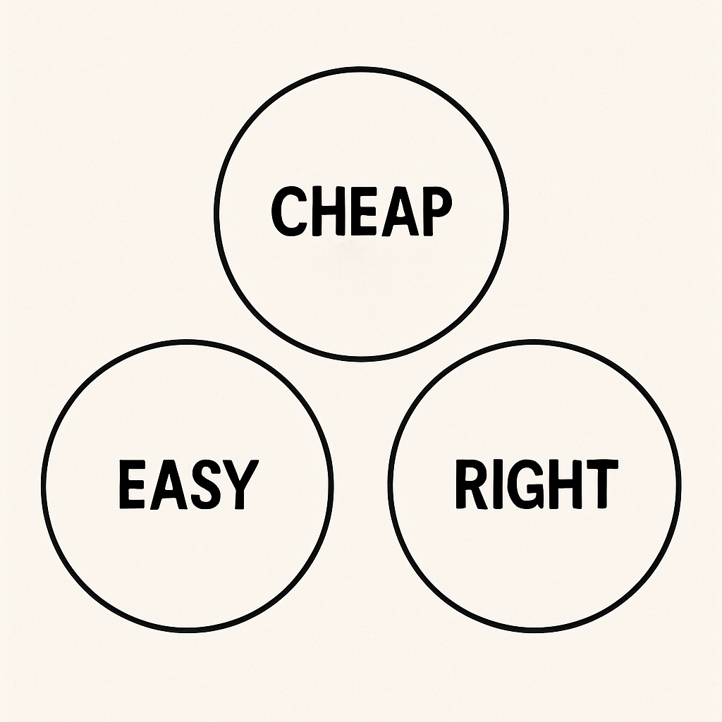A Venn diagram showing three circles that don't overlap labeled, cheap, easy, and right