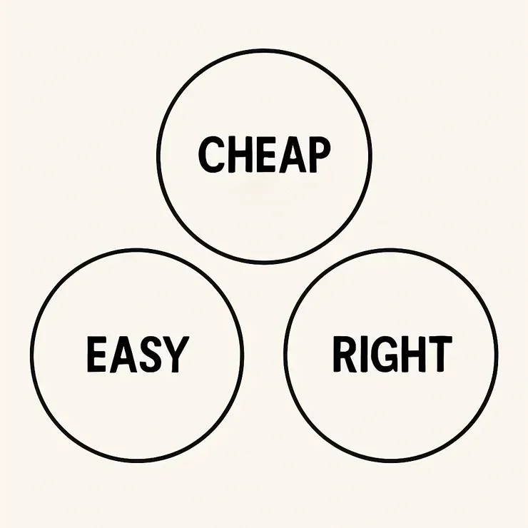 A Venn diagram showing three circles that don't overlap labeled, cheap, easy, and right