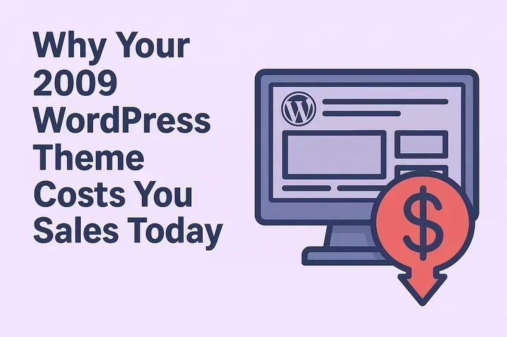 graphic showing a computer monitor behind a red circle with a dollar sign in it and an arrow pointing down with the text 'Why your 2009 WordPress theme costs you sales today'